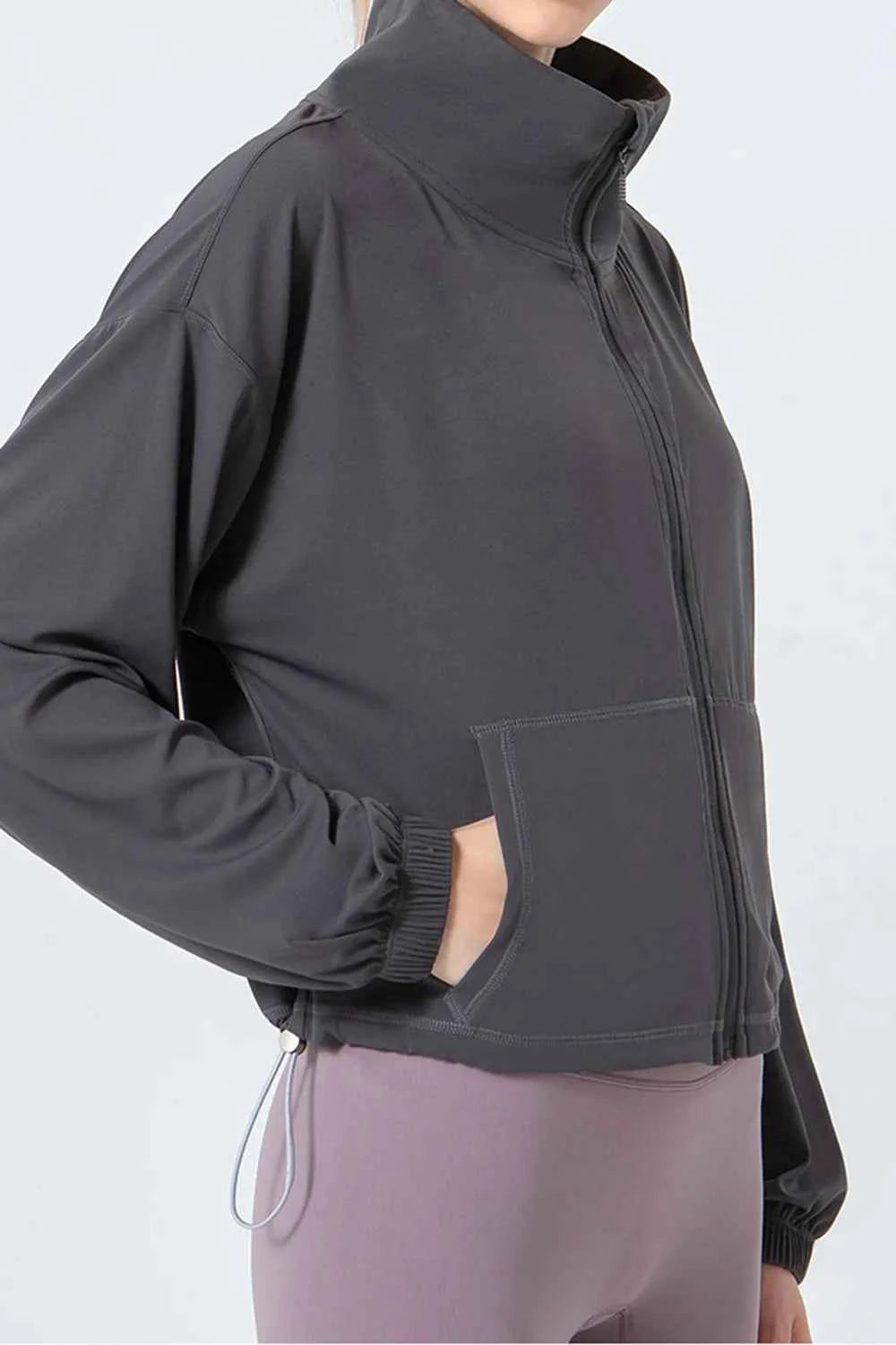 Drawstring Zip Up Dropped Shoulder Active Outerwear
