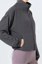 Drawstring Zip Up Dropped Shoulder Active Outerwear